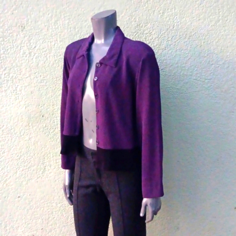 CAROL ANDERSON CALIFORNIA LADIES VINTAGE (2) TONE PURPLE & BLACK LUXURY CARDIGAN